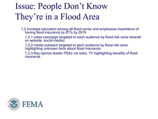 Issue: People Don’t Know
They’re in a Flood Area
1.2 Increase education among all flood zones and emphasize importance of
having flood insurance by 81% by 2019
1.2.1 video campaign targeted to each audience by flood risk zone (shared
on website, social media)
1.2.2 media outreach targeted to each audience by flood risk zone
highlighting unknown facts about flood insurance
1.2.3 Key opinion leader PSAs via radio, TV highlighting benefits of flood
insurance
17
 