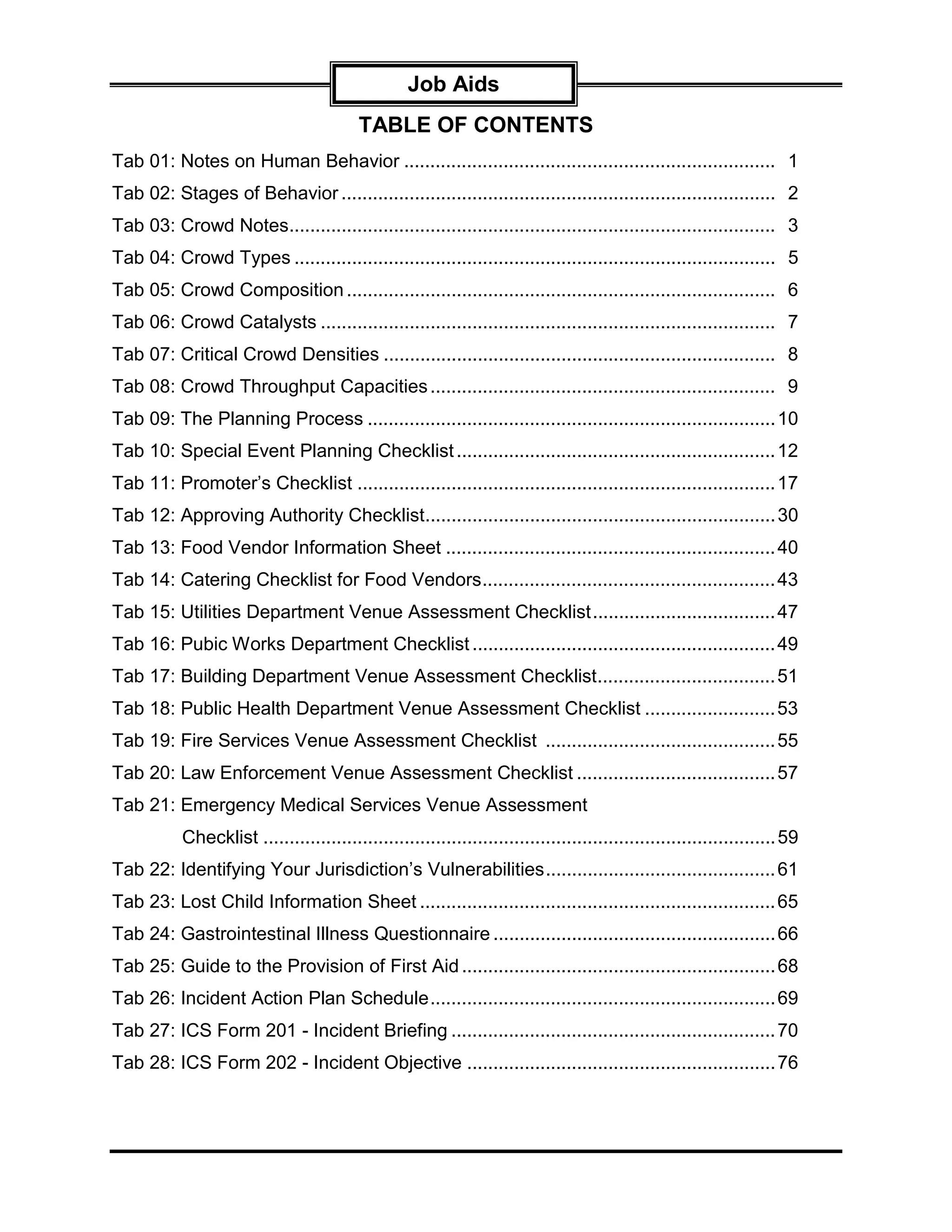 Job Aids
                                          TABLE OF CONTENTS
Tab 01: Notes on Human Behavior ....................................................................... 1
Tab 02: Stages of Behavior ................................................................................... 2
Tab 03: Crowd Notes............................................................................................. 3
Tab 04: Crowd Types ............................................................................................ 5
Tab 05: Crowd Composition .................................................................................. 6
Tab 06: Crowd Catalysts ....................................................................................... 7
Tab 07: Critical Crowd Densities ........................................................................... 8
Tab 08: Crowd Throughput Capacities .................................................................. 9
Tab 09: The Planning Process .............................................................................. 10
Tab 10: Special Event Planning Checklist ............................................................. 12
Tab 11: Promoter’s Checklist ................................................................................ 17
Tab 12: Approving Authority Checklist................................................................... 30
Tab 13: Food Vendor Information Sheet ............................................................... 40
Tab 14: Catering Checklist for Food Vendors........................................................ 43
Tab 15: Utilities Department Venue Assessment Checklist................................... 47
Tab 16: Pubic Works Department Checklist .......................................................... 49
Tab 17: Building Department Venue Assessment Checklist.................................. 51
Tab 18: Public Health Department Venue Assessment Checklist ......................... 53
Tab 19: Fire Services Venue Assessment Checklist ............................................ 55
Tab 20: Law Enforcement Venue Assessment Checklist ...................................... 57
Tab 21: Emergency Medical Services Venue Assessment
           Checklist .................................................................................................. 59
Tab 22: Identifying Your Jurisdiction’s Vulnerabilities............................................ 61
Tab 23: Lost Child Information Sheet .................................................................... 65
Tab 24: Gastrointestinal Illness Questionnaire ...................................................... 66
Tab 25: Guide to the Provision of First Aid ............................................................ 68
Tab 26: Incident Action Plan Schedule.................................................................. 69
Tab 27: ICS Form 201 - Incident Briefing .............................................................. 70
Tab 28: ICS Form 202 - Incident Objective ........................................................... 76
 