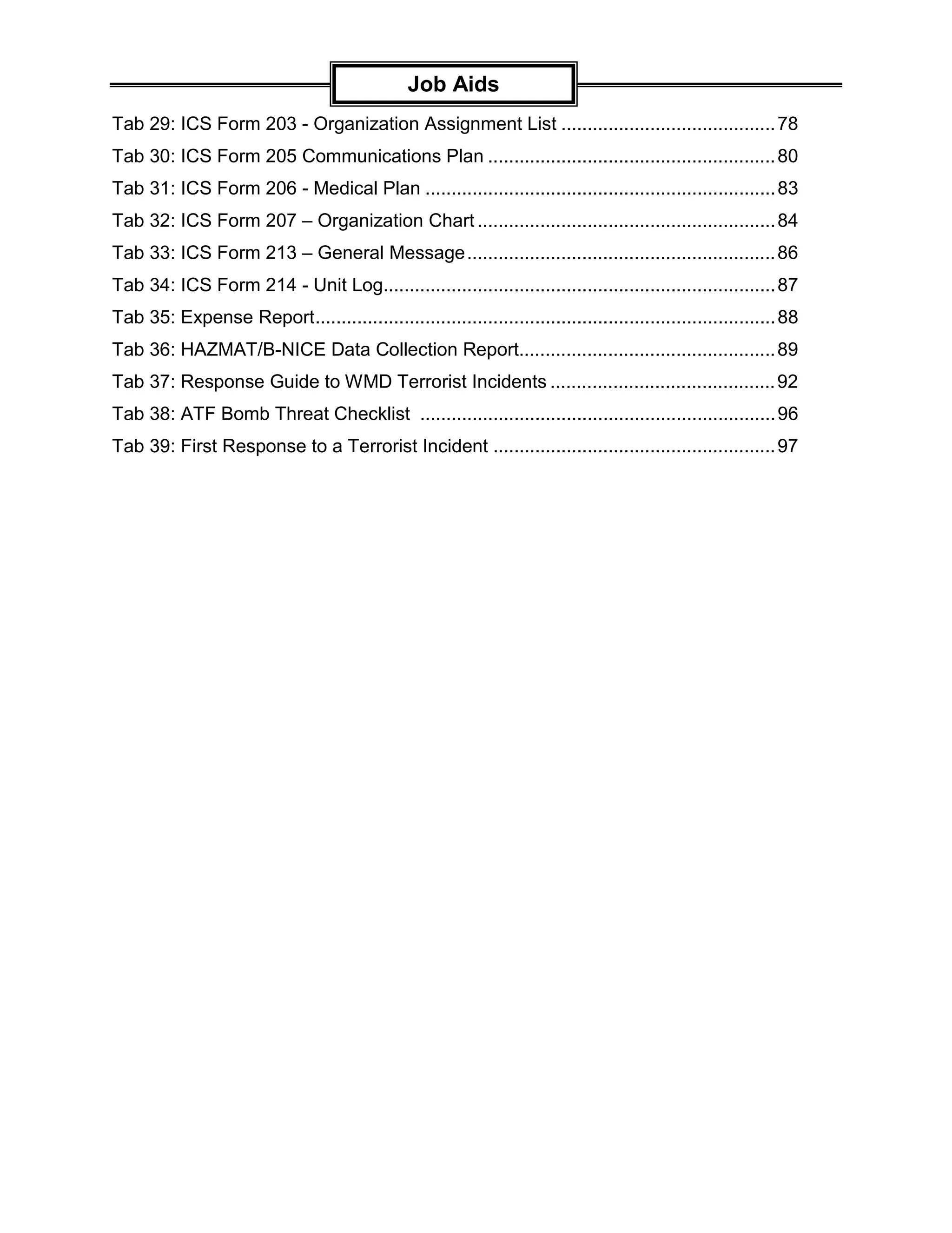 Job Aids
Tab 29: ICS Form 203 - Organization Assignment List ......................................... 78
Tab 30: ICS Form 205 Communications Plan ....................................................... 80
Tab 31: ICS Form 206 - Medical Plan ................................................................... 83
Tab 32: ICS Form 207 – Organization Chart ......................................................... 84
Tab 33: ICS Form 213 – General Message........................................................... 86
Tab 34: ICS Form 214 - Unit Log........................................................................... 87
Tab 35: Expense Report........................................................................................ 88
Tab 36: HAZMAT/B-NICE Data Collection Report................................................. 89
Tab 37: Response Guide to WMD Terrorist Incidents ........................................... 92
Tab 38: ATF Bomb Threat Checklist .................................................................... 96
Tab 39: First Response to a Terrorist Incident ...................................................... 97
 