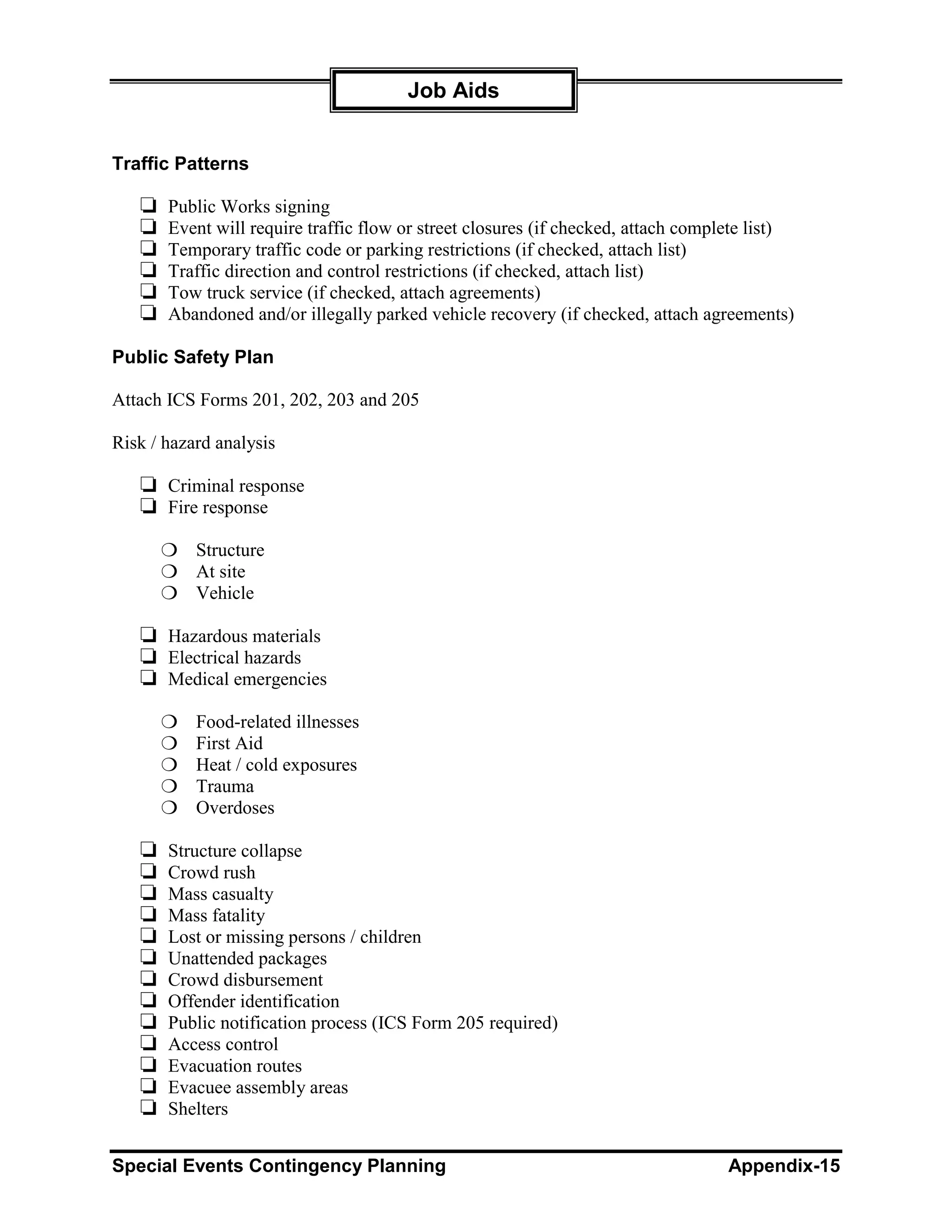 Job Aids


Traffic Patterns

   ❏   Public Works signing
   ❏   Event will require traffic flow or street closures (if checked, attach complete list)
   ❏   Temporary traffic code or parking restrictions (if checked, attach list)
   ❏   Traffic direction and control restrictions (if checked, attach list)
   ❏   Tow truck service (if checked, attach agreements)
   ❏   Abandoned and/or illegally parked vehicle recovery (if checked, attach agreements)

Public Safety Plan

Attach ICS Forms 201, 202, 203 and 205

Risk / hazard analysis

   ❏ Criminal response
   ❏ Fire response
       ❍ Structure
       ❍ At site
       ❍ Vehicle

   ❏ Hazardous materials
   ❏ Electrical hazards
   ❏ Medical emergencies
       ❍   Food-related illnesses
       ❍   First Aid
       ❍   Heat / cold exposures
       ❍   Trauma
       ❍   Overdoses

   ❏   Structure collapse
   ❏   Crowd rush
   ❏   Mass casualty
   ❏   Mass fatality
   ❏   Lost or missing persons / children
   ❏   Unattended packages
   ❏   Crowd disbursement
   ❏   Offender identification
   ❏   Public notification process (ICS Form 205 required)
   ❏   Access control
   ❏   Evacuation routes
   ❏   Evacuee assembly areas
   ❏   Shelters


Special Events Contingency Planning                                                Appendix-15
 
