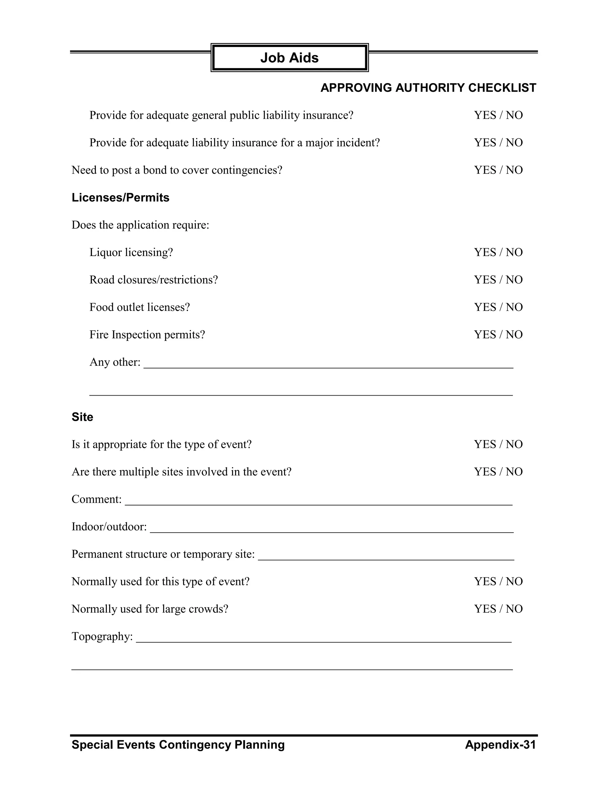 Job Aids

                                                      APPROVING AUTHORITY CHECKLIST

   Provide for adequate general public liability insurance?               YES / NO

   Provide for adequate liability insurance for a major incident?         YES / NO

Need to post a bond to cover contingencies?                               YES / NO

Licenses/Permits

Does the application require:

   Liquor licensing?                                                      YES / NO

   Road closures/restrictions?                                            YES / NO

   Food outlet licenses?                                                  YES / NO

   Fire Inspection permits?                                               YES / NO

   Any other: ______________________________________________________________

   _______________________________________________________________________

Site

Is it appropriate for the type of event?                                  YES / NO

Are there multiple sites involved in the event?                           YES / NO

Comment: _________________________________________________________________

Indoor/outdoor: _____________________________________________________________

Permanent structure or temporary site: ___________________________________________

Normally used for this type of event?                                     YES / NO

Normally used for large crowds?                                           YES / NO

Topography: _______________________________________________________________

__________________________________________________________________________




Special Events Contingency Planning                                      Appendix-31
 