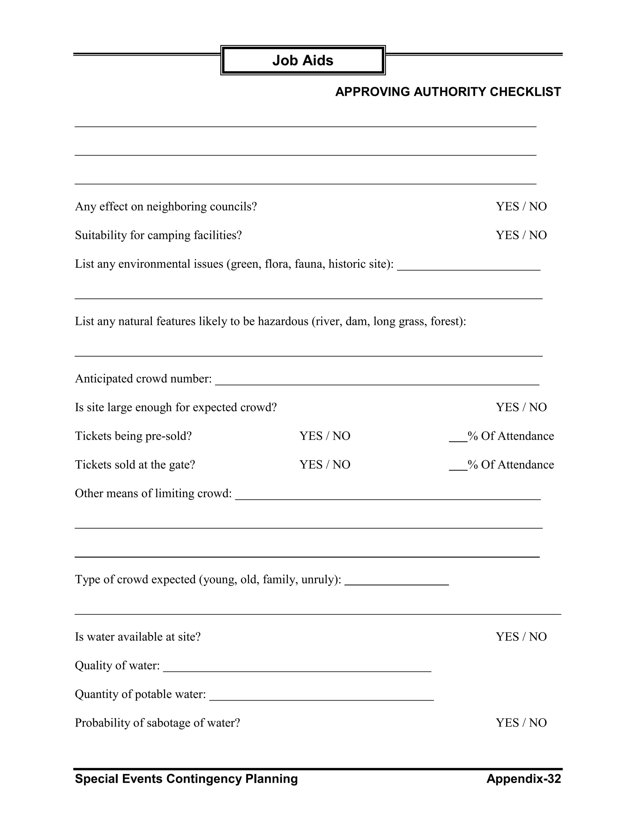 Job Aids

                                                      APPROVING AUTHORITY CHECKLIST

__________________________________________________________________________

__________________________________________________________________________

__________________________________________________________________________

Any effect on neighboring councils?                                                      YES / NO

Suitability for camping facilities?                                                      YES / NO

List any environmental issues (green, flora, fauna, historic site): _______________________

___________________________________________________________________________

List any natural features likely to be hazardous (river, dam, long grass, forest):

___________________________________________________________________________

Anticipated crowd number: ____________________________________________________

Is site large enough for expected crowd?                                                 YES / NO

Tickets being pre-sold?                        YES / NO                              % Of Attendance

Tickets sold at the gate?                      YES / NO                              % Of Attendance

Other means of limiting crowd: _________________________________________________

___________________________________________________________________________

___________________________________________________________________

Type of crowd expected (young, old, family, unruly):

______________________________________________________________________________

Is water available at site?                                                              YES / NO

Quality of water: ___________________________________________

Quantity of potable water: ____________________________________

Probability of sabotage of water?                                                        YES / NO



Special Events Contingency Planning                                                     Appendix-32
 