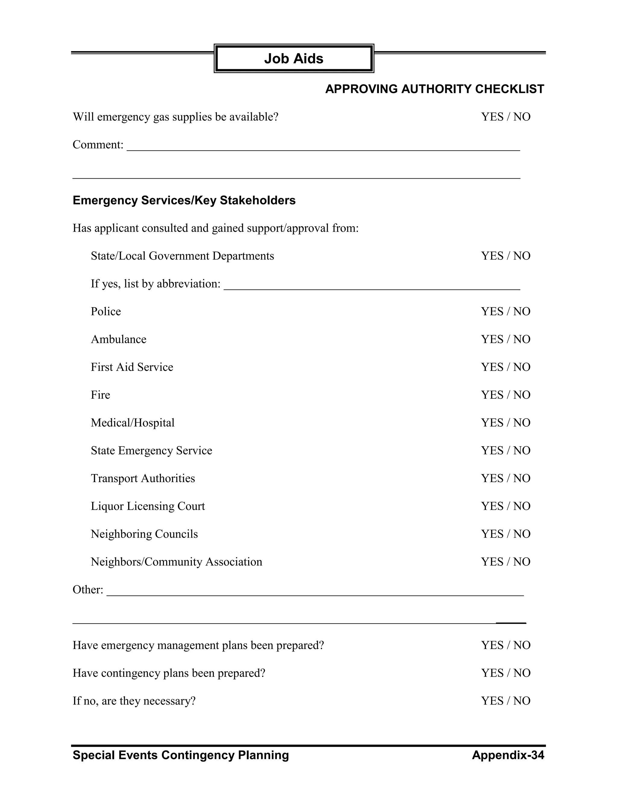 Job Aids

                                                  APPROVING AUTHORITY CHECKLIST

Will emergency gas supplies be available?                                 YES / NO

Comment: _________________________________________________________________

__________________________________________________________________________

Emergency Services/Key Stakeholders

Has applicant consulted and gained support/approval from:

   State/Local Government Departments                                     YES / NO

   If yes, list by abbreviation: _________________________________________________

   Police                                                                 YES / NO

   Ambulance                                                              YES / NO

   First Aid Service                                                      YES / NO

   Fire                                                                   YES / NO

   Medical/Hospital                                                       YES / NO

   State Emergency Service                                                YES / NO

   Transport Authorities                                                  YES / NO

   Liquor Licensing Court                                                 YES / NO

   Neighboring Councils                                                   YES / NO

   Neighbors/Community Association                                        YES / NO

Other: _____________________________________________________________________

___________________________________________________________________________

Have emergency management plans been prepared?                            YES / NO

Have contingency plans been prepared?                                     YES / NO

If no, are they necessary?                                                YES / NO



Special Events Contingency Planning                                      Appendix-34
 