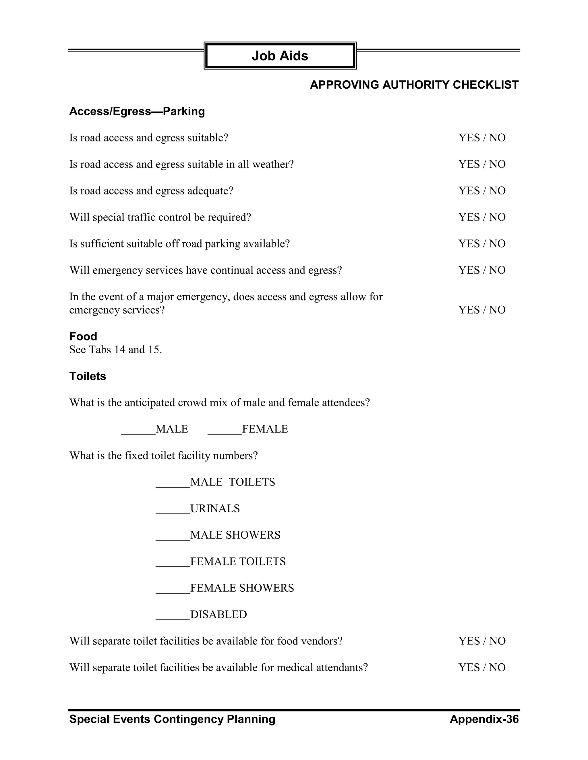 Job Aids

                                                       APPROVING AUTHORITY CHECKLIST

Access/Egress—Parking

Is road access and egress suitable?                                        YES / NO

Is road access and egress suitable in all weather?                         YES / NO

Is road access and egress adequate?                                        YES / NO

Will special traffic control be required?                                  YES / NO

Is sufficient suitable off road parking available?                         YES / NO

Will emergency services have continual access and egress?                  YES / NO

In the event of a major emergency, does access and egress allow for
emergency services?                                                        YES / NO

Food
See Tabs 14 and 15.

Toilets

What is the anticipated crowd mix of male and female attendees?

                   MALE                FEMALE

What is the fixed toilet facility numbers?

                           MALE TOILETS

                           URINALS

                           MALE SHOWERS

                           FEMALE TOILETS

                           FEMALE SHOWERS

                           DISABLED

Will separate toilet facilities be available for food vendors?             YES / NO

Will separate toilet facilities be available for medical attendants?       YES / NO



Special Events Contingency Planning                                       Appendix-36
 