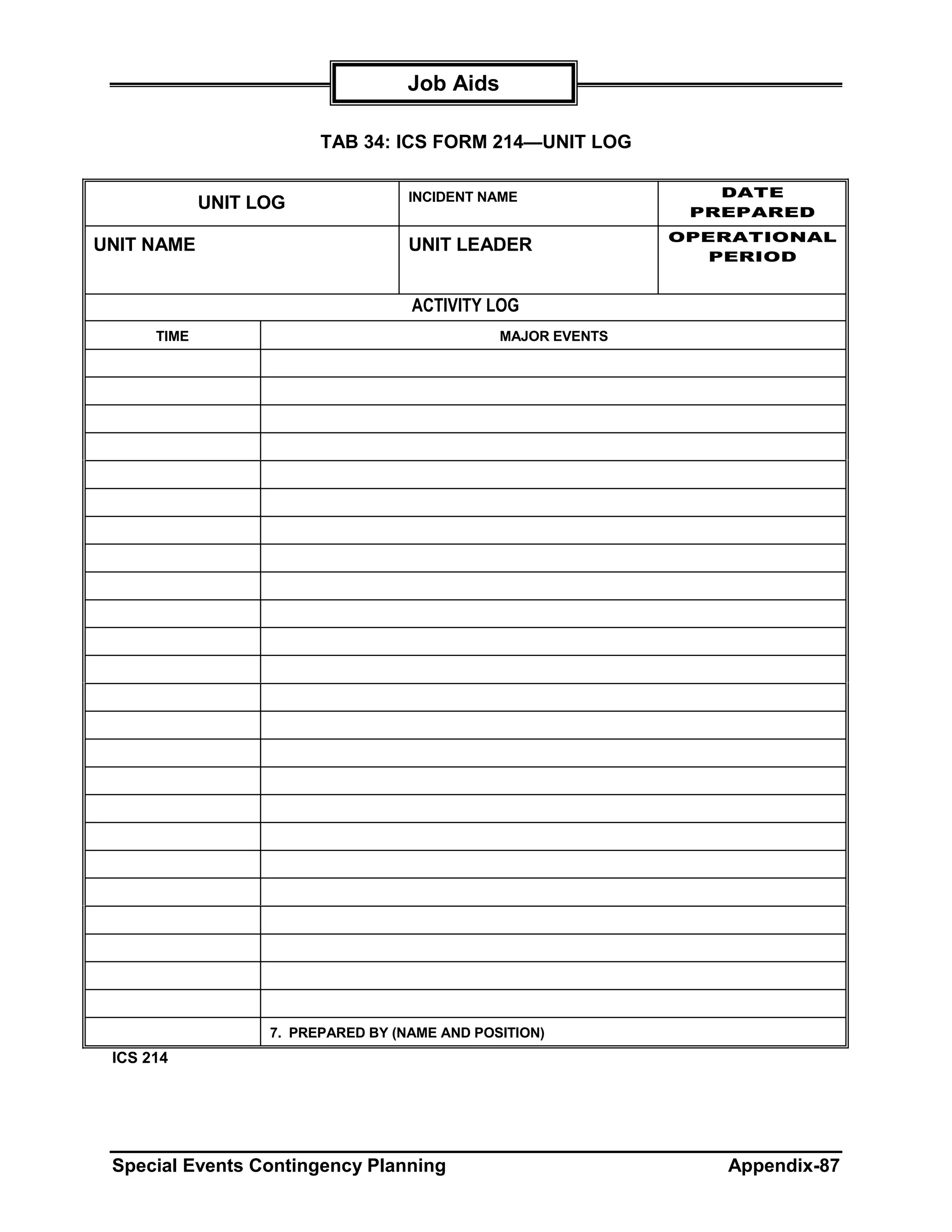 Job Aids

                         TAB 34: ICS FORM 214—UNIT LOG

                                    INCIDENT NAME                DATE
             UNIT LOG                                          PREPARED
                                                              OPERATIONAL
UNIT NAME                           UNIT LEADER
                                                                 PERIOD


                                    ACTIVITY LOG
      TIME                                     MAJOR EVENTS




                   7. PREPARED BY (NAME AND POSITION)
 ICS 214




 Special Events Contingency Planning                             Appendix-87
 