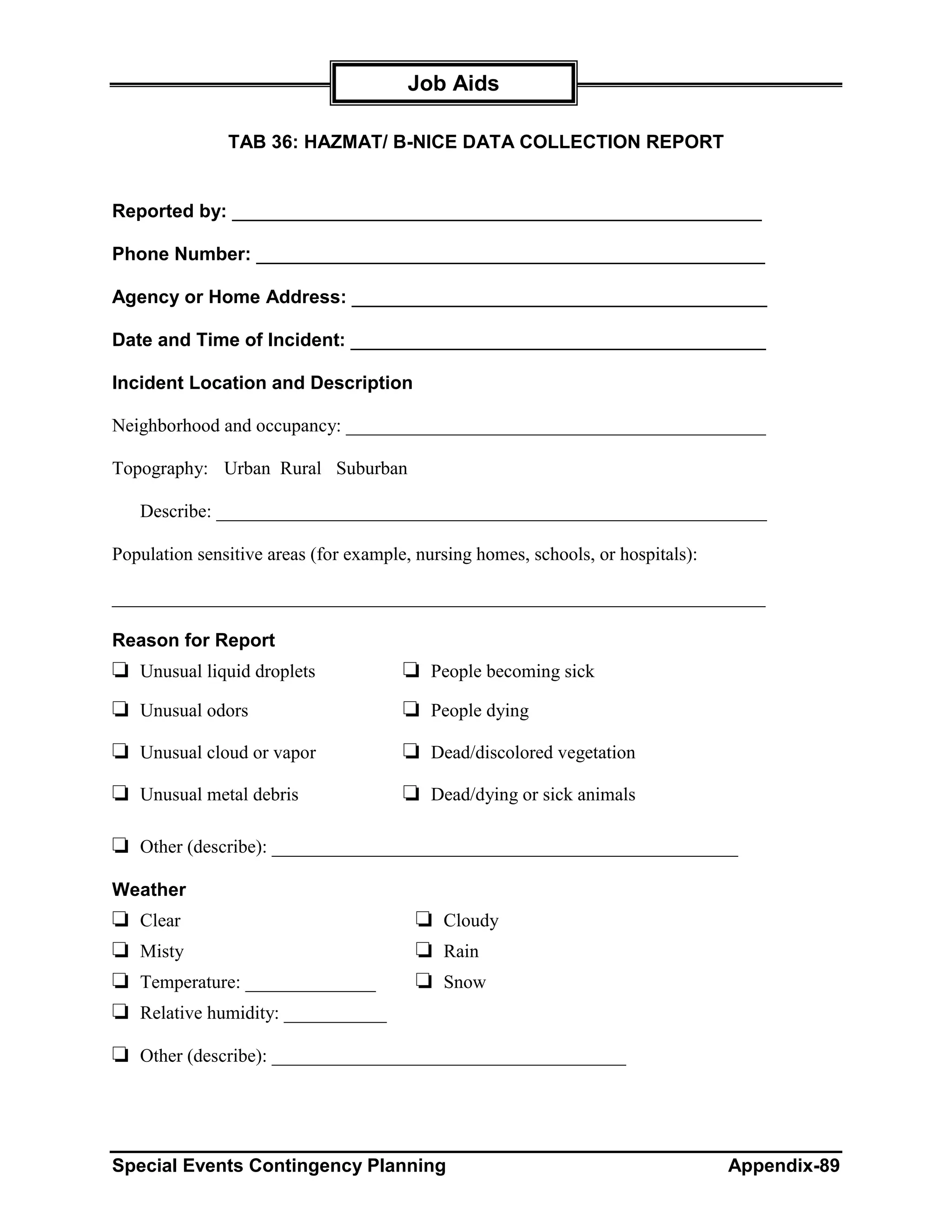 Job Aids

               TAB 36: HAZMAT/ B-NICE DATA COLLECTION REPORT


Reported by: ___________________________________________________

Phone Number: _________________________________________________

Agency or Home Address: ________________________________________

Date and Time of Incident: ________________________________________

Incident Location and Description

Neighborhood and occupancy: _____________________________________________

Topography: Urban Rural Suburban

    Describe: ___________________________________________________________

Population sensitive areas (for example, nursing homes, schools, or hospitals):

______________________________________________________________________

Reason for Report
❏ Unusual liquid droplets              ❏ People becoming sick
❏ Unusual odors                        ❏ People dying
❏ Unusual cloud or vapor               ❏ Dead/discolored vegetation
❏ Unusual metal debris                 ❏ Dead/dying or sick animals

❏ Other (describe): __________________________________________________
Weather
❏   Clear                               ❏ Cloudy
❏   Misty                               ❏ Rain
❏   Temperature: ______________         ❏ Snow
❏   Relative humidity: ___________

❏ Other (describe): ______________________________________




Special Events Contingency Planning                                               Appendix-89
 