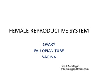 FEMALE REPRODUCTIVE SYSTEM
OVARY
FALLOPIAN TUBE
VAGINA
Prof.J.Anbalagan,
anbuamu@rediffmail.com
 
