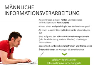 MÄNNLICHE
INFORMATIONSVERARBEITUNG
• Konzentrieren sich auf Fakten und reduzieren
Informationen auf Kernaspekte
• Haben einen analytisch-logischen Wahrnehmungsstil
• Nehmen in erster Linie selbstrelevante Informationen
auf
• Sind aufgrund der höheren Wahrnehmungsschwelle
(z.B. Parallelnutzung anderer Medien) schwierig zu
interessieren
• Legen Wert auf Entscheidungsfreiheit und Transparenz
• Übersichtlichkeit ist wichtiger als Emotionalität
Selektiv-heuristischer
Informationsverarbeitungsstil
 
