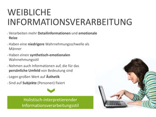 WEIBLICHE
INFORMATIONSVERARBEITUNG
• Verarbeiten mehr Detailinformationen und emotionale
Reize
• Haben eine niedrigere Wahrnehmungsschwelle als
Männer
• Haben einen synthetisch-emotionalen
Wahrnehmungsstil
• Nehmen auch Informationen auf, die für das
persönliche Umfeld von Bedeutung sind
• Legen großen Wert auf Ästhetik
• Sind auf Subjekte (Personen) fixiert
Holistisch-interpretierender
Informationsverarbeitungsstil
 