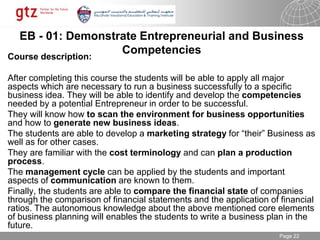 30.01.2015 Seite 22Page 22
EB - 01: Demonstrate Entrepreneurial and Business
Competencies
Course description:
After completing this course the students will be able to apply all major
aspects which are necessary to run a business successfully to a specific
business idea. They will be able to identify and develop the competencies
needed by a potential Entrepreneur in order to be successful.
They will know how to scan the environment for business opportunities
and how to generate new business ideas.
The students are able to develop a marketing strategy for “their” Business as
well as for other cases.
They are familiar with the cost terminology and can plan a production
process.
The management cycle can be applied by the students and important
aspects of communication are known to them.
Finally, the students are able to compare the financial state of companies
through the comparison of financial statements and the application of financial
ratios. The autonomous knowledge about the above mentioned core elements
of business planning will enables the students to write a business plan in the
future.
 