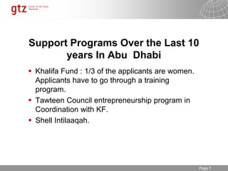 30.01.2015 Seite 7Page 7
Support Programs Over the Last 10
years In Abu Dhabi
 Khalifa Fund : 1/3 of the applicants are women.
Applicants have to go through a training
program.
 Tawteen Council entrepreneurship program in
Coordination with KF.
 Shell Intilaaqah.
 