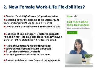 2. New Female Work-Life Flexibilities?
Greater ‘flexibility’ of work (cf. previous jobs)
Enabling better fit: pockets of...