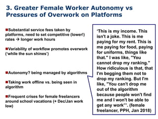 nSubstantial service fees taken by
platforms, need to set competitive (lower!)
rates à longer work hours
nVariability of workflow promotes overwork
(‘while the sun shines’)
nAutonomy? being managed by algorithms
nTaking work offline vs. being seen in
algorithm
nFrequent crises for female freelancers
around school vacations (+ Dec/Jan work
low)
3. Greater Female Worker Autonomy vs
Pressures of Overwork on Platforms
‘This is my income. This
isn't a joke. This is me
paying for my rent. This is
me paying for food, paying
for uniforms, things like
that." I was like, "You
cannot drop my ranking."
How ridiculous is that, that
I'm begging them not to
drop my ranking. But I'm
like, "You can't drop me
out of the algorithm
because people won't find
me and I won't be able to
get any work”’. (female
freelancer, PPH, Jan 2018)
 