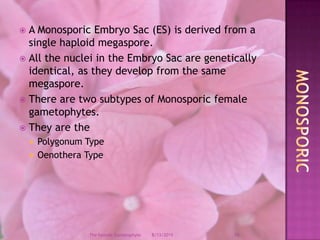 A Monosporic Embryo Sac (ES) is derived from a single haploid megaspore.All the nuclei in the Embryo Sac are genetically identical, as they develop from the same megaspore.There are two subtypes of Monosporic female gametophytes.They are the Polygonum TypeOenothera TypeMonosporic12/9/200816The Female Gametophyte