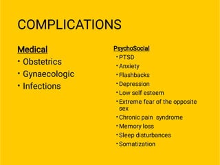 COMPLICATIONS
•
•
•
Medical
Obstetrics
Gynaecologic
Infections
•
•
•
•
•
•
•
•
•
•
PsychoSocial
PTSD
Anxiety
Flashbacks
Depression
Low self esteem
Extreme fear of the opposite
sex
Chronic pain syndrome
Memory loss
Sleep disturbances
Somatization
 