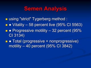 Semen Analysis
 using "strict" Tygerberg method :
 ● Vitality – 58 percent live (95% CI 5563)
 ● Progressive motility – 32 percent (95%
CI 3134)
 ● Total (progressive + nonprogressive)
motility – 40 percent (95% CI 3842)
 