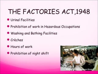 THE FACTORIES ACT,1948
Urinal Facilities
Prohibition of work in Hazardous Occupations
Washing and Bathing Facilities
Crèches
Hours of work
Prohibition of night shift
 