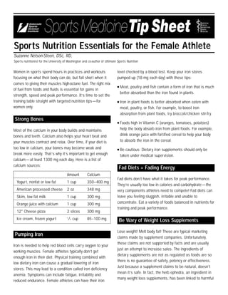 Sports Nutrition Essentials for the Female Athlete
Suzanne Nelson-Steen, DSc, RD,
Sports nutritionist for the University of Washington and co-author of Ultimate Sports Nutrition


Women in sports spend hours in practices and workouts                          level checked by a blood test. Keep your iron stores
focusing on what their body can do, but fall short when it                     pumped up (18 mg each day) with these tips:
comes to giving their muscles high-octane fuel. The right mix
                                                                               s   Meat, poultry and fish contain a form of iron that is much
of fuel from foods and fluids is essential for gains in
                                                                                   better absorbed than the iron found in plants.
strength, speed and peak performance. It’s time to set the
training table straight with targeted nutrition tips —for                      s   Iron in plant foods is better absorbed when eaten with
women only.                                                                        meat, poultry, or fish. For example, to boost iron
                                                                                   absorption from plant foods, try broccoli/chicken stir-fry.
Strong Bones
                                                                               s   Foods high in Vitamin C (oranges, tomatoes, potatoes)
Most of the calcium in your body builds and maintains                              help the body absorb iron from plant foods. For example,
bones and teeth. Calcium also helps your heart beat and                            drink orange juice with fortified cereal to help your body
your muscles contract and relax. Over time, if your diet is                        to absorb the iron in the cereal.
too low in calcium, your bones may become weak and                             s   Be cautious: Dietary iron supplements should only be
break more easily. That’s why it’s important to get enough                         taken under medical supervision.
calcium —at least 1300 mg each day. Here is a list of
calcium sources:
                                                                                Fad Diets = Fading Energy
                                        Amount          Calcium
                                                                               Fad diets don’t have what it takes for peak performance.
  Yogurt, nonfat or low fat             1 cup           350–400 mg
                                                                               They’re usually too low in calories and carbohydrate —the
  American processed cheese             2 oz            348 mg                 very components athletes need to compete! Fad diets can
  Skim, low fat milk                    1 cup           300 mg                 leave you feeling sluggish, irritable and unable to
  Orange juice with calcium             1 cup           300 mg                 concentrate. Eat a variety of foods balanced in nutrients for
                                                                               training and peak performance.
  12" Cheese pizza                      2 slices        300 mg
                                        1
  Ice cream, frozen yogurt               /2 cup         85–100 mg               Be Wary of Weight Loss Supplements

                                                                               Lose weight! Melt body fat! These are typical marketing
Pumping Iron
                                                                               claims made by supplement companies. Unfortunately,
                                                                               these claims are not supported by facts and are usually
Iron is needed to help red blood cells carry oxygen to your
                                                                               just an attempt to increase sales. The ingredients of
working muscles. Female athletes typically don’t get
                                                                               dietary supplements are not as regulated as foods are so
enough iron in their diet. Physical training combined with
                                                                               there is no guarantee of safety, potency or effectiveness.
low dietary iron can cause a gradual lowering of iron
                                                                               Just because a supplement claims to be natural, doesn’t
stores. This may lead to a condition called iron deficiency
                                                                               mean it’s safe. In fact, the herb ephedra, an ingredient in
anemia. Symptoms can include fatigue, irritability and
                                                                               many weight loss supplements, has been linked to harmful
reduced endurance. Female athletes can have their iron
 