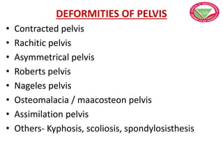 DEFORMITIES OF PELVIS
• Contracted pelvis
• Rachitic pelvis
• Asymmetrical pelvis
• Roberts pelvis
• Nageles pelvis
• Osteomalacia / maacosteon pelvis
• Assimilation pelvis
• Others- Kyphosis, scoliosis, spondylosisthesis
 