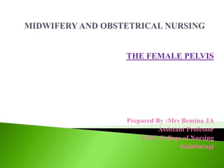 THE FEMALE PELVIS
Prepared By :Mrs Bemina JA
Assistant Professor
ESIC College of Nursing
Kalaburagi
 