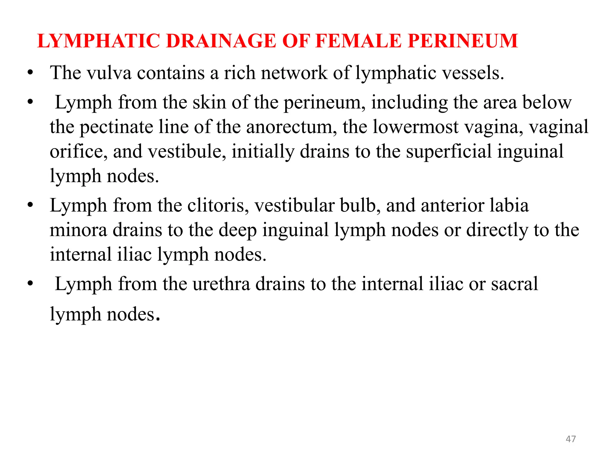 LYMPHATIC DRAINAGE OF FEMALE PERINEUM
• The vulva contains a rich network of lymphatic vessels.
• Lymph from the skin of the perineum, including the area below
the pectinate line of the anorectum, the lowermost vagina, vaginal
orifice, and vestibule, initially drains to the superficial inguinal
lymph nodes.
• Lymph from the clitoris, vestibular bulb, and anterior labia
minora drains to the deep inguinal lymph nodes or directly to the
internal iliac lymph nodes.
• Lymph from the urethra drains to the internal iliac or sacral
lymph nodes.
47
 