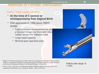 dr subha/8th sem pbl 29
• At the time of C-section or
minilaparotomy Post Vaginal Birth
• FDA approved in 1996 (post CREST
study)
• Tubal occlusion accomplished by placing
a titanium hinge clip lined with silicone
rubber across the fallopian tube
• Large tubal capacity
• Minimal post operative pain
Methods of Female Sterilization
Filshie®
Tubal Ligation System
Failure rate range: 0-
1.15% *
* Olgibo N. Pomeroy technique or Filshie clips for postpartum sterilisation? Retrospective
study on comparison between Pomeroy procedure and Filshie clips for a tubal occlusion
at the time of Caesarean Section. Arch Gynecol Obstet, 11 Dec 2009
* Yan J.S., Hsu J. and Yin C.S. Comparative study of Filshi e clip and Pmeroy method for
postpartum sterilization. Int. J. Gynecol. Obstet., 1990, 33: 263-267
 