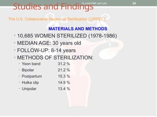 dr subha/8th sem pbl 34
Studies and Findings
MATERIALS AND METHODS
• 10,685 WOMEN STERILIZED (1978-1986)
• MEDIAN AGE: 30 years old
• FOLLOW-UP: 8-14 years
• METHODS OF STERILIZATION:
• Yoon band 31.2 %
• Bipolar 21.2 %
• Postpartum 15.3 %
• Hulka clip 14.9 %
• Unipolar 13.4 %
The U.S. Collaborative Review of Sterilization (CREST )
 