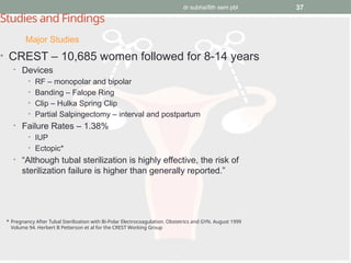 dr subha/8th sem pbl 37
Studies and Findings
• CREST – 10,685 women followed for 8-14 years
• Devices
• RF – monopolar and bipolar
• Banding – Falope Ring
• Clip – Hulka Spring Clip
• Partial Salpingectomy – interval and postpartum
• Failure Rates – 1.38%
• IUP
• Ectopic*
• “Although tubal sterilization is highly effective, the risk of
sterilization failure is higher than generally reported.”
Major Studies
* Pregnancy After Tubal Sterilization with Bi-Polar Electrocoagulation. Obstetrics and GYN. August 1999
Volume 94. Herbert B Petterson et al for the CREST Working Group
 