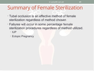 dr subha/8th sem pbl 41
Summary of Female Sterilization
• Tubal occlusion is an effective method of female
sterilization regardless of method chosen
• Failures will occur in some percentage female
sterilization procedures regardless of method utilized.
• IUP
• Ectopic Pregnancy
 