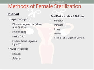 dr subha/8th sem pbl 8
Methods of Female Sterilization
Interval
• Laparoscopic
• Electrocoagulation (Mono
and Bi -Polar)
• Falope Ring
• Hulka Clip
• Filshie Tubal Ligation
System
• Hysteroscopy
• Essure
• Adiana
Post Partum/ Labor & Delivery
• Pomeroy
• Parkland
• Irving
• Uchida
• Filshie Tubal Ligation System
 
