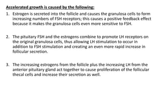 Accelerated growth is caused by the following:
1. Estrogen is secreted into the follicle and causes the granulosa cells to form
increasing numbers of FSH receptors; this causes a positive feedback effect
because it makes the granulosa cells even more sensitive to FSH.
2. The pituitary FSH and the estrogens combine to promote LH receptors on
the original granulosa cells, thus allowing LH stimulation to occur in
addition to FSH stimulation and creating an even more rapid increase in
follicular secretion.
3. The increasing estrogens from the follicle plus the increasing LH from the
anterior pituitary gland act together to cause proliferation of the follicular
thecal cells and increase their secretion as well.
 