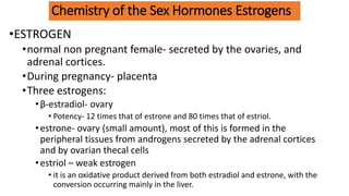 Chemistry of the Sex Hormones Estrogens
•ESTROGEN
•normal non pregnant female- secreted by the ovaries, and
adrenal cortices.
•During pregnancy- placenta
•Three estrogens:
•β-estradiol- ovary
• Potency- 12 times that of estrone and 80 times that of estriol.
•estrone- ovary (small amount), most of this is formed in the
peripheral tissues from androgens secreted by the adrenal cortices
and by ovarian thecal cells
•estriol – weak estrogen
• it is an oxidative product derived from both estradiol and estrone, with the
conversion occurring mainly in the liver.
 
