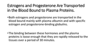 Estrogens and Progesterone Are Transported
in the Blood Bound to Plasma Proteins.
•Both estrogens and progesterone are transported in the
blood bound mainly with plasma albumin and with specific
estrogen and progesterone-binding globulins.
•The binding between these hormones and the plasma
proteins is loose enough that they are rapidly released to the
tissues over a period of 30 minutes.
 