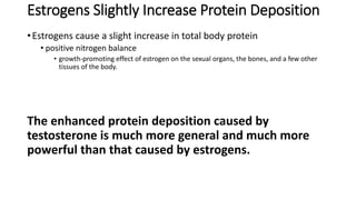 Estrogens Slightly Increase Protein Deposition
•Estrogens cause a slight increase in total body protein
• positive nitrogen balance
• growth-promoting effect of estrogen on the sexual organs, the bones, and a few other
tissues of the body.
The enhanced protein deposition caused by
testosterone is much more general and much more
powerful than that caused by estrogens.
 