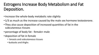 Estrogens Increase Body Metabolism and Fat
Deposition.
•Increase the whole-body metabolic rate slightly
•1/3 as much as the increase caused by the male sex hormone testosterone.
•They also cause deposition of increased quantities of fat in the
subcutaneous tissues
•percentage of body fat - female> male
•deposition of fat in female
• breasts and subcutaneous tissues
• buttocks and thighs
 