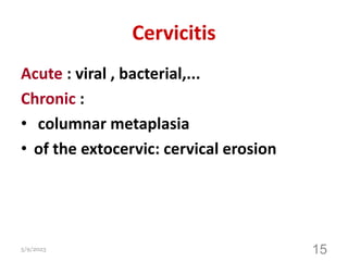 Cervicitis
Acute : viral , bacterial,...
Chronic :
• columnar metaplasia
• of the extocervic: cervical erosion
5/9/2023 15
 