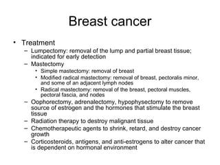 Breast cancer
• Treatment
  – Lumpectomy: removal of the lump and partial breast tissue;
    indicated for early detection
  – Mastectomy
      • Simple mastectomy: removal of breast
      • Modified radical mastectomy: removal of breast, pectoralis minor,
        and some of an adjacent lymph nodes
      • Radical mastectomy: removal of the breast, pectoral muscles,
        pectoral fascia, and nodes
  – Oophorectomy, adrenalectomy, hypophysectomy to remove
    source of estrogen and the hormones that stimulate the breast
    tissue
  – Radiation therapy to destroy malignant tissue
  – Chemotherapeutic agents to shrink, retard, and destroy cancer
    growth
  – Corticosteroids, antigens, and anti-estrogens to alter cancer that
    is dependent on hormonal environment
 