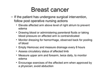 Breast cancer
– If the patient has undergone surgical intervention,
  follow post operative nursing actions
   • Elevate affected arm above level of right atrium to prevent
     edema
   • Drawing blood or administering parenteral fluids or taking
     blood pressure on affected arm is contraindicated
   • Monitor dressing for hemorrhage, observed back for pooling
     of blood
   • Empty Hemovac and measure drainage every 8 hours
   • Assess circulatory status of affected limb
   • Measure upper arm and forearm, twice daily, to monitor
     edema
   • Encourage exercises of the affected arm when approved by
     a physician; avoid abduction
 