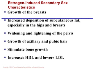 Copyright © 2004 Pearson Education, Inc., publishing as Benjamin Cummings
▪ Growth of the breasts
▪ Increased deposition of subcutaneous fat,
especially in the hips and breasts
▪ Widening and lightening of the pelvis
▪ Growth of axillary and pubic hair
▪ Stimulate bone growth
▪ Increases HDL and lowers LDL
Estrogen-Induced Secondary Sex
Characteristics
 