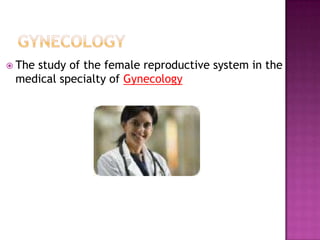 GynecologyThe study of the female reproductive system in the medical specialty of Gynecology