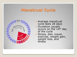 Menstrual Cycle

         Average menstrual
          cycle lasts 28 days
         Ovulation usually
          occurs on the 14th day
          of the cycle
         Stress, diet, travel,
          exercise, weight gain,
          weight loss, and
          illness
 