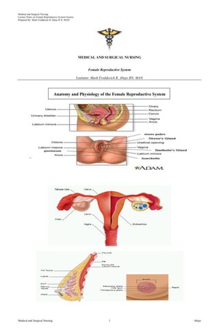 Medical and Surgical Nursing
Lecture Notes on Female Reproductive System System
Prepared By: Mark Fredderick R Abejo R.N, MAN
Medical and Surgical Nursing Abejo1
MEDICAL AND SURGICAL NURSING
Female Reproductive System
Lecturer: Mark Fredderick R. Abejo RN, MAN
Anatomy and Physiology of the Female Reproductive System
 