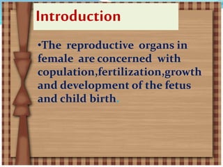Introduction
•The reproductive organs in
female are concerned with
copulation,fertilization,growth
and development of the ...