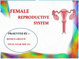 FEMALE
REPRODUCTIVE
SYSTEM
PReSENTED BY :-
ROMENA BEGUM
FINAL YEAR MSE (N)
 