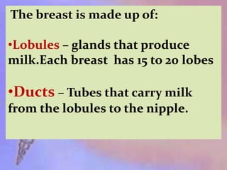 The breast is made up of:
•Lobules – glands that produce
milk.Each breast has 15 to 20 lobes
•Ducts – Tubes that carry milk
from the lobules to the nipple.
 