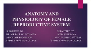 ANATOMY AND
PHYSIOLOGY OF FEMALE
REPRODUCTIVE SYSTEM
SUBMITTED TO: SUBMITTED BY:
DR. MS. PALLAVI PATHANIA MINAKSHI RANA
ASSOCIATE PROFESSOR M.SC. NURSING 1ST YEAR
SHIMLA NURSING COLLEGE SHIMLA NURSING COLLEGE
 