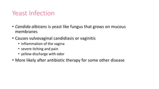 Yeast Infection
• Candida albicans is yeast like fungus that grows on mucous
membranes
• Causes vulvovaginal candidiasis or vaginitis
• inflammation of the vagina
• severe itching and pain
• yellow discharge with odor
• More likely after antibiotic therapy for some other disease
 