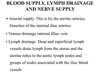 BLOOD SUPPLY, LYMPH DRAINAGE
AND NERVE SUPPLY
• Arterial supply. This is by the uterine arteries,
branches of the internal iliac arteries.
• Venous drainage internal illiac vein
• Lymph drainage. Deep and superficial lymph
vessels drain lymph from the uterus and the
uterine tubes to the aortic lymph nodes and
groups of nodes associated with the iliac blood
vessels
 