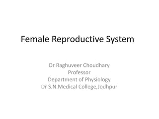 Female Reproductive System
Dr Raghuveer Choudhary
Professor
Department of Physiology
Dr S.N.Medical College,Jodhpur
 