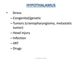 HYPOTHALAMUS
• Stress
–Congenital/genetic
–Tumors (craniopharyngioma, metastatic
tumor)
–Head injury
–Infection
–XRT
–Drug...